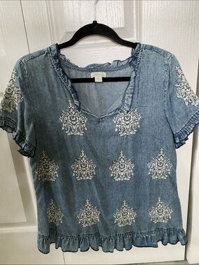 Sundance Blue Embroidered Ruffle Denim-Look Blouse